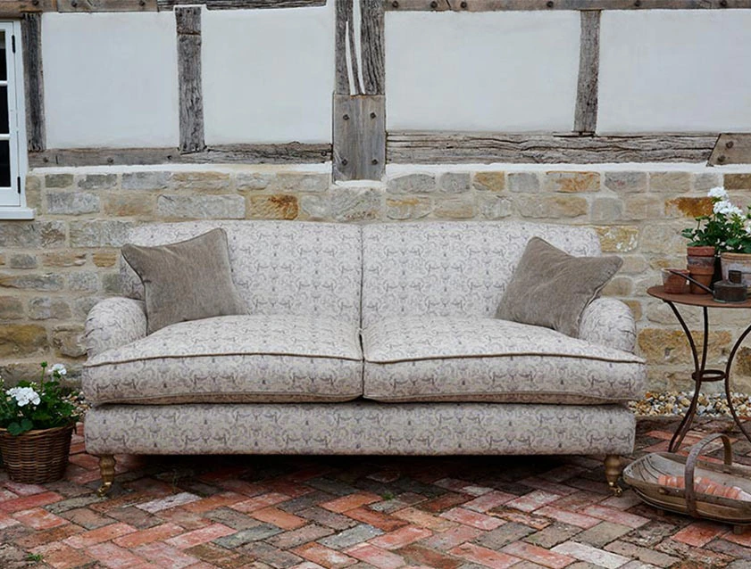 4 Kentwell 3 seater sofa in RHS Collection Gertrude Jekyll Ornamental Brown and Warwick Mohair Velvet Mushroom